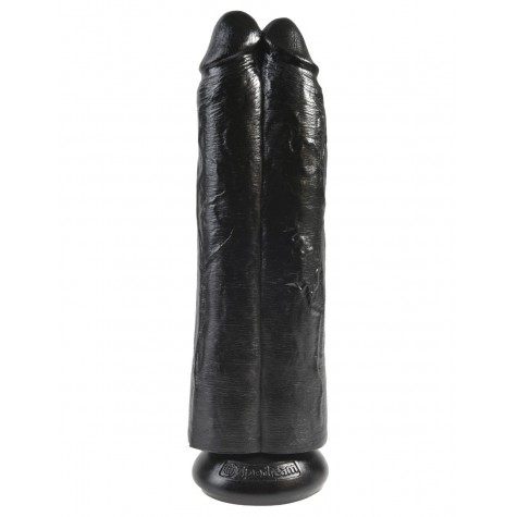 Сдвоенный черный фаллоимитатор на присоске 11" Two Cocks One Hole - 30,5 см.